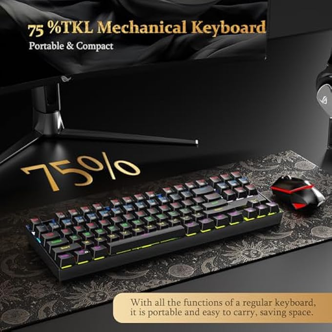 rayihni K552-RGB لوحة مفاتيح ميكانيكية مدمجة للألعاب باللغتين العربية والإنجليزية مضاءة خلفياً سلكية مع مفاتيح مقاومة للغبار لنظام ويندوز (أسود، 87 مفتاح بمفاتيح حمراء) - Image 3