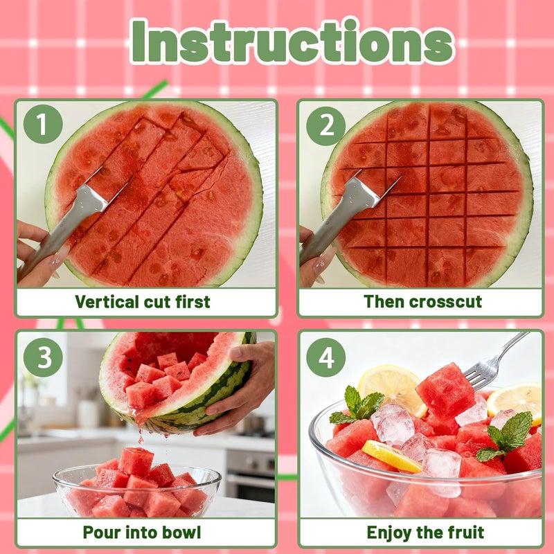 Pesilo 2Pcs Watermelon Fork Slicer Cutter, 2-in-1 Stainless Steel Fruit Watermelon Slicer, Portable Melon Cutter Knife Tool with Grip Handle for Home Party Camping Kitchen Gadget - Image 4