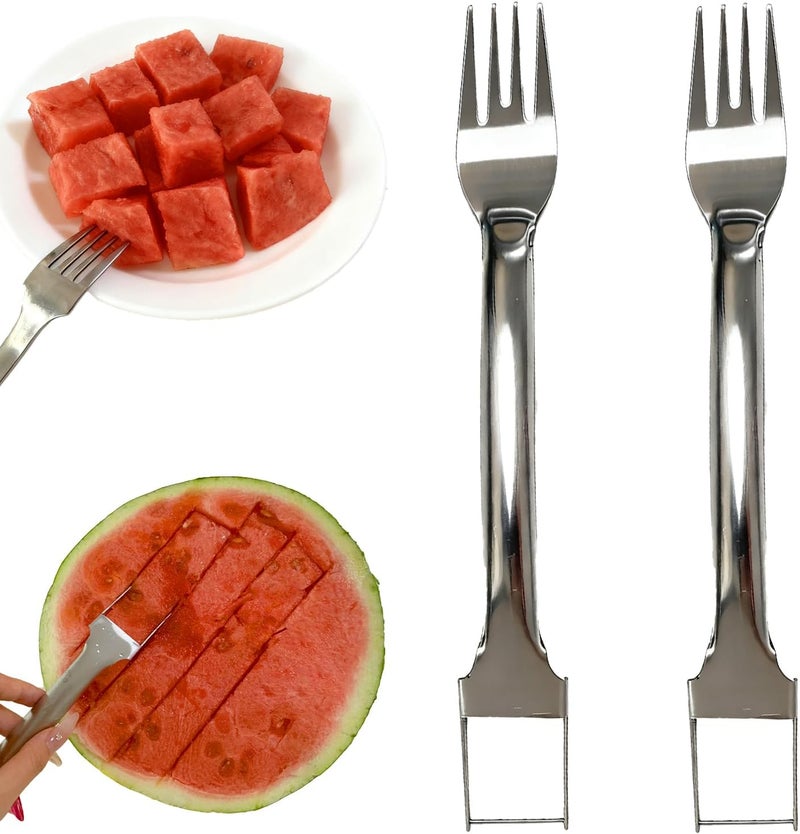 Pesilo 2Pcs Watermelon Fork Slicer Cutter, 2-in-1 Stainless Steel Fruit Watermelon Slicer, Portable Melon Cutter Knife Tool with Grip Handle for Home Party Camping Kitchen Gadget - Image 1
