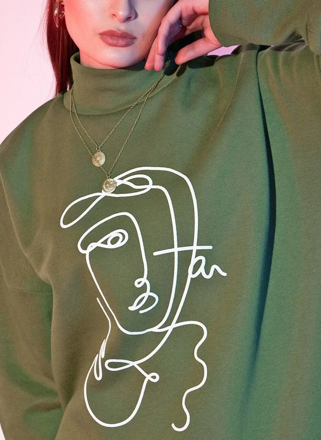 STREET 9 Olive Green Graphic Printed High Neck Sweatshirt for Women