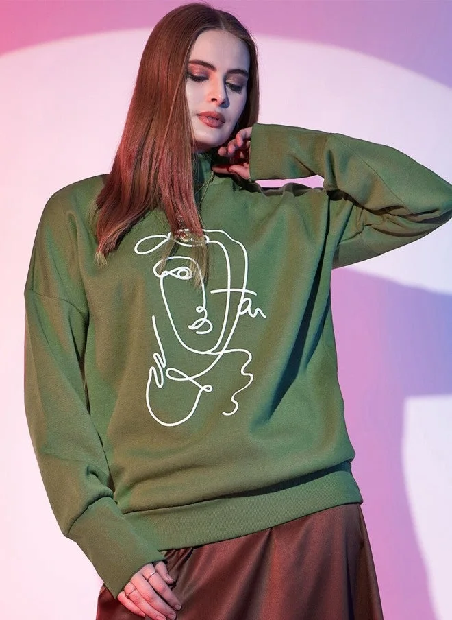 STREET 9 Olive Green Graphic Printed High Neck Sweatshirt for Women