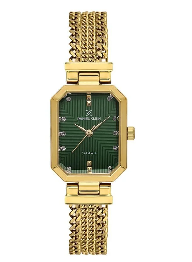 DANIEL KLEIN Women's Stainless Steel Gold Alloy Case Analog Dark Green Square Emboss Dial Japanese Quartz Premium 30 Meters Water Resistant