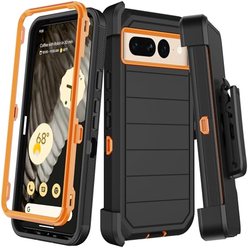 KECAI for Google Pixel 7 Pro Case with Belt Clip Holster,2X Screen Protector,Heavy Duty Shockproof Drop Protection Military Grade Full Body Rugged Phone Cover with Kickstand Black Orange - Image 1