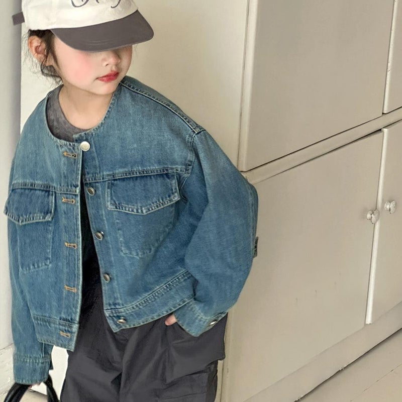 Girls' Denim Jacket Children'S Spring Simple Round Neck Jacket Korean Style Casual Top Trendy - Image 1