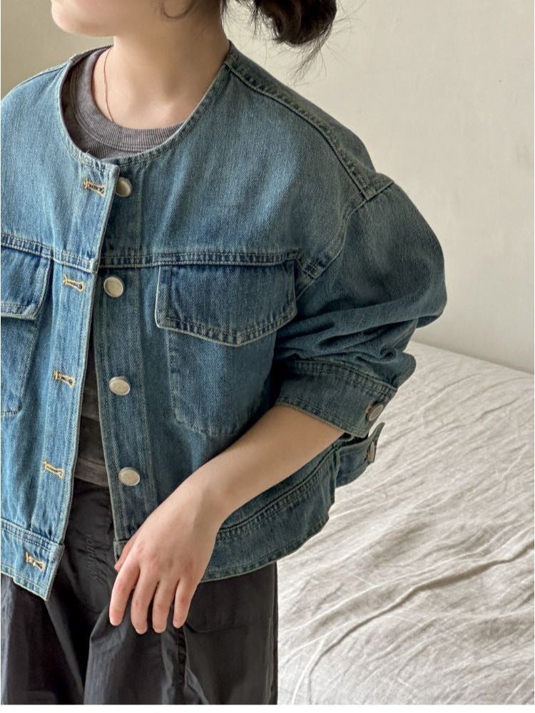 Girls' Denim Jacket Children'S Spring Simple Round Neck Jacket Korean Style Casual Top Trendy - Image 2