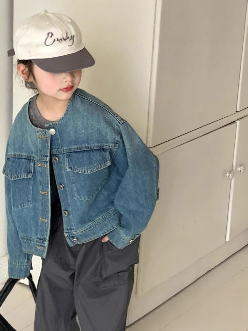 Girls' Denim Jacket Children'S Spring Simple Round Neck Jacket Korean Style Casual Top Trendy - Image 4