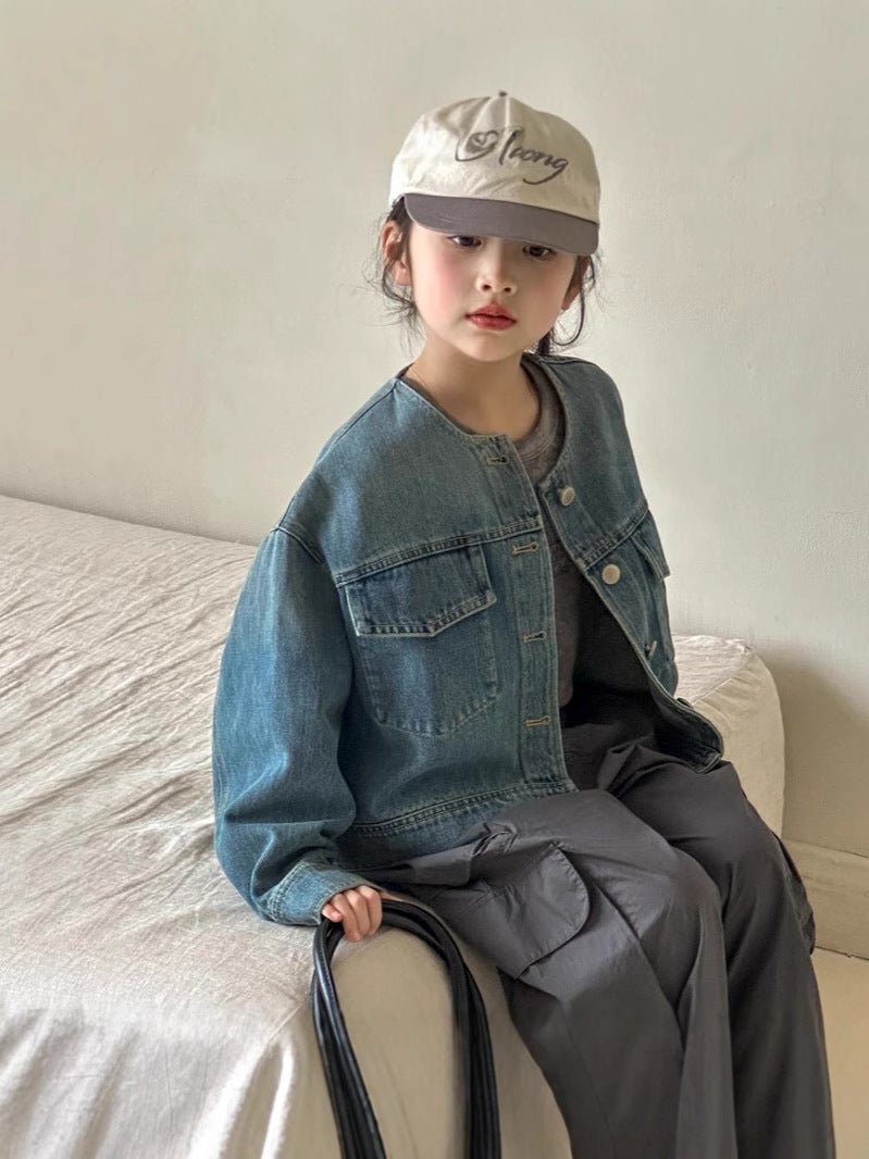 Girls' Denim Jacket Children'S Spring Simple Round Neck Jacket Korean Style Casual Top Trendy - Image 3