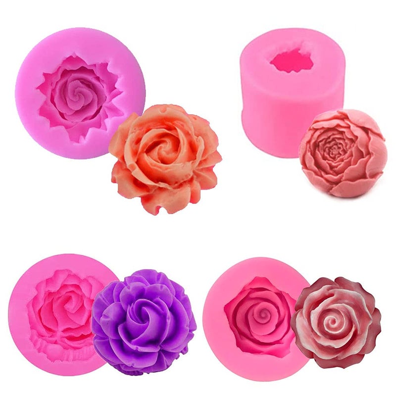 MEMOVAN 3D Flower Silicone Soap Mold 4pcs 3D Rose Flower Silicone Fondant Mold Bloom Rose Shape Resin Candle Mold for Cake Decoration Chocolate Handmade Soap Candy Making Clay Lotion Bar Wax DIY Craft
