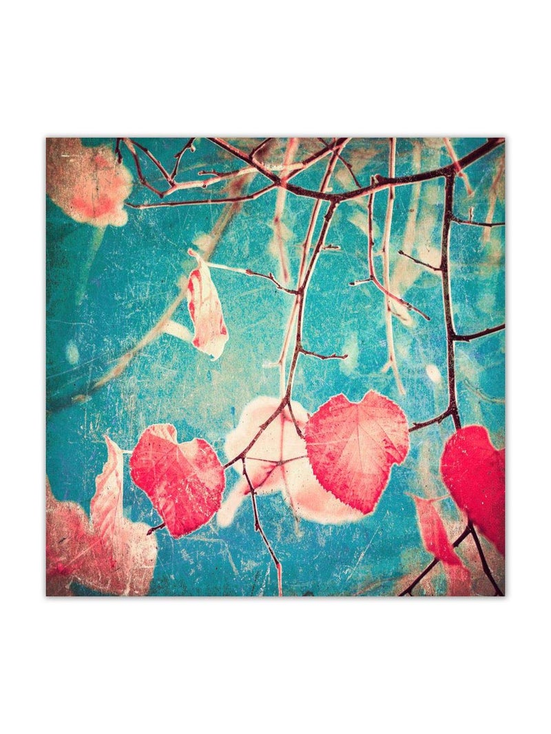999Store Wooden Stretched Framed wall paintings for home decoration he decor bedroom Wall art living room dcor with frames Autumn Pink He Leafs on Blue canvas painting modern stylish hanging Canvas 24X24 Inches Strectched Canvas FLPSZ24410062016012