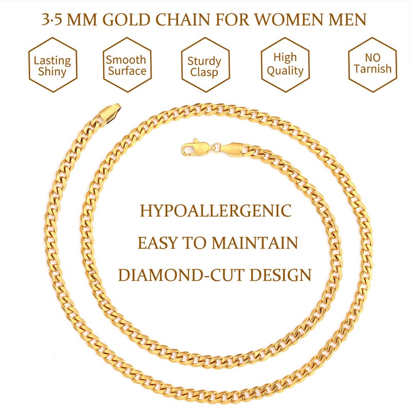 Fiusem 3.5mm Gold Chains for Men, 18K Gold Plated Mens Necklace Chains, Stainless Steel Cuban Link Chain Necklace for Men and Women, Mens Chains 18 Inch - Image 5