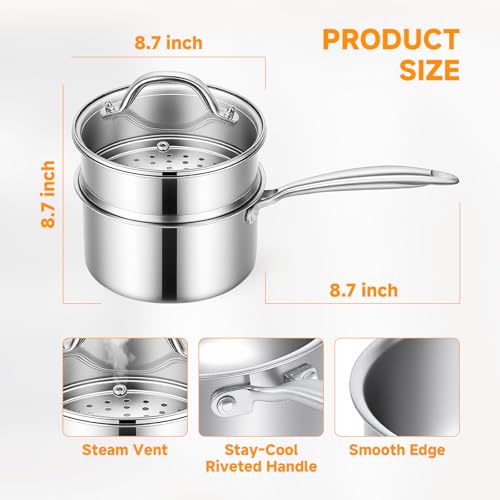 Ohtomber Tri-Ply Steamer for Cooking - Stainless Steel 3 Qt Saucepan with Lid, Medium Kitchen Induction Cooking Pot with Vegetable Food Steamer Basket, Non Stick Sauce Pan with Stay-Cool Handle - Image 2