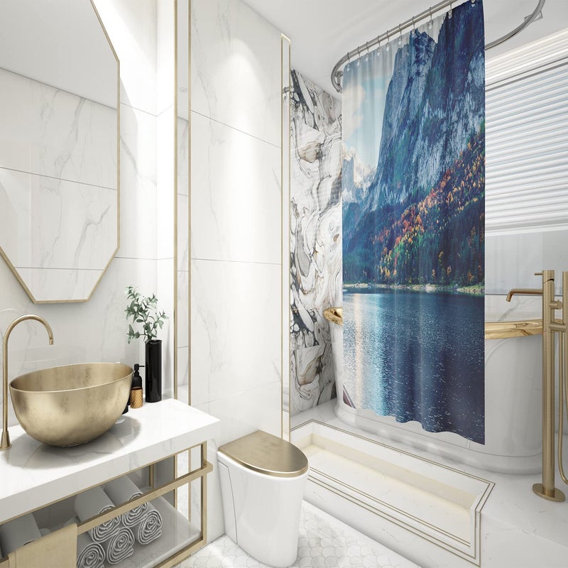 FING ستارة دش الحمام، ستارة حمام مع خطاف، ستارة مصممة للحمام، حوض الاستحمام، زينة ستائر حمام زخرفية حديثة (تصميم_27) - Image 2