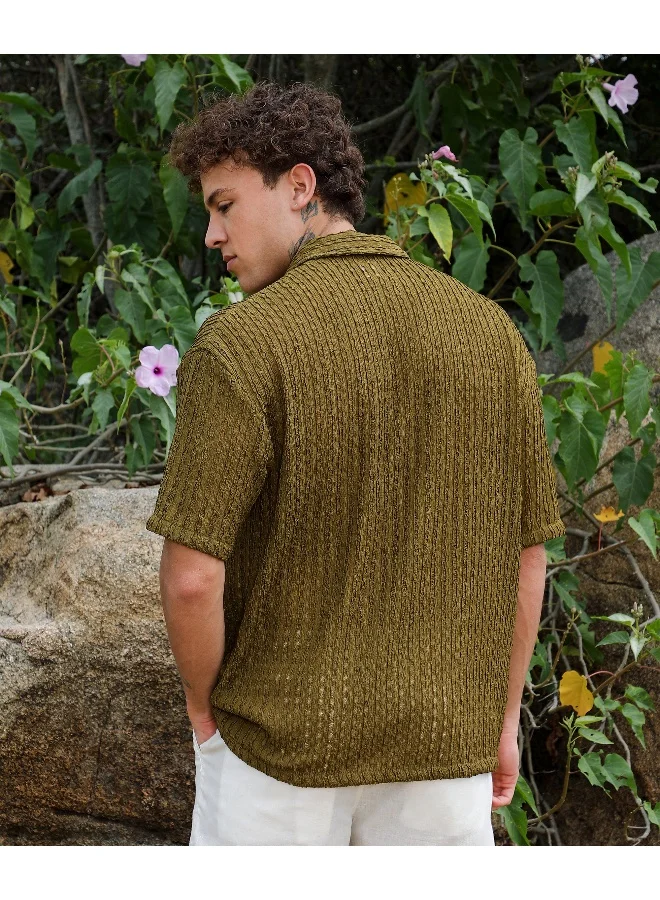 Campus Sutra Men's Army Green Striped Knit Oversized Shirt For Casual Wear | Cuban Collar | Short Sleeve | Button Closure | Oversized Shirt Crafted With Comfort Fit For Everyday Wear