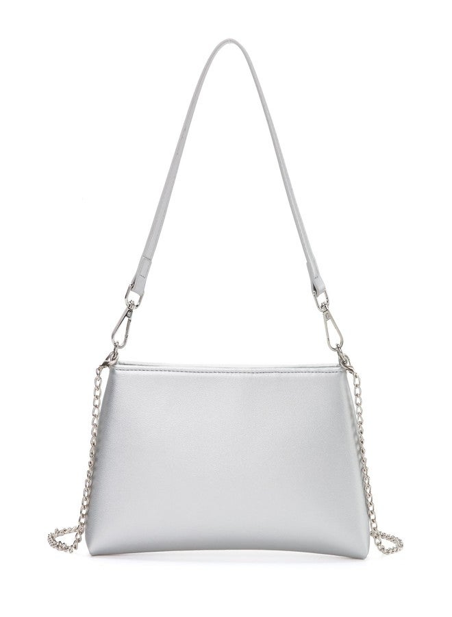 Valleycomfy Women Clutch Purses Ladies Pu Leather Evening Bag Shoulder Bag Handbag for Party/Wedding/Cocktail/Prom/Club, Silver - Image 1