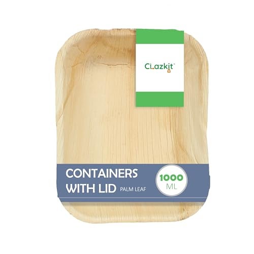 Clazkit Areca Palm Leaves Containers with Lid | Disposable Eco-Friendly Containers for Serving Snacks and Meals | Durable and Sturdy Containers used for Kitchen (1000ml, Pack of 10) - Image 1