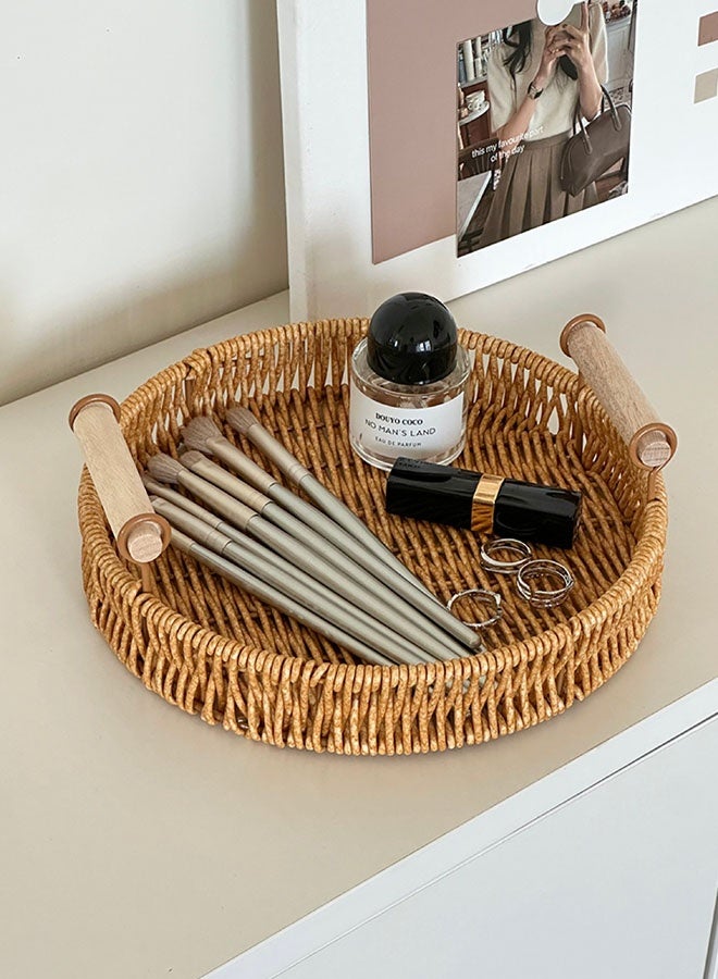 ZVEV Decorative Tray, With Wooden Circular Handle, Serving Plate, Vine Woven Storage Tray, Spill-Proof Tray, Decorative Serving Tray for Coffee Table, Tea, Storage Rectangular, Living Room, Bedroom - Image 1