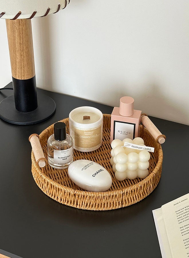 ZVEV Decorative Tray, With Wooden Circular Handle, Serving Plate, Vine Woven Storage Tray, Spill-Proof Tray, Decorative Serving Tray for Coffee Table, Tea, Storage Rectangular, Living Room, Bedroom - Image 5