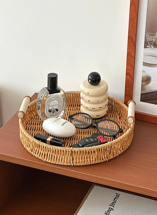 ZVEV Decorative Tray, With Wooden Circular Handle, Serving Plate, Vine Woven Storage Tray, Spill-Proof Tray, Decorative Serving Tray for Coffee Table, Tea, Storage Rectangular, Living Room, Bedroom - Image 2