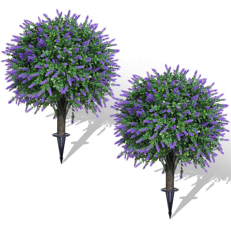 AOKIIE Set of 2 Artificial Lavender Boxwood Topiary Ball Bush for Outdoor with Ground Spike 22", UV Resistant Faux Greenery Shrubs, Fake Boxwood Plants for Indoor, Garden, Yard, Porch, Patio Decor - Image 1