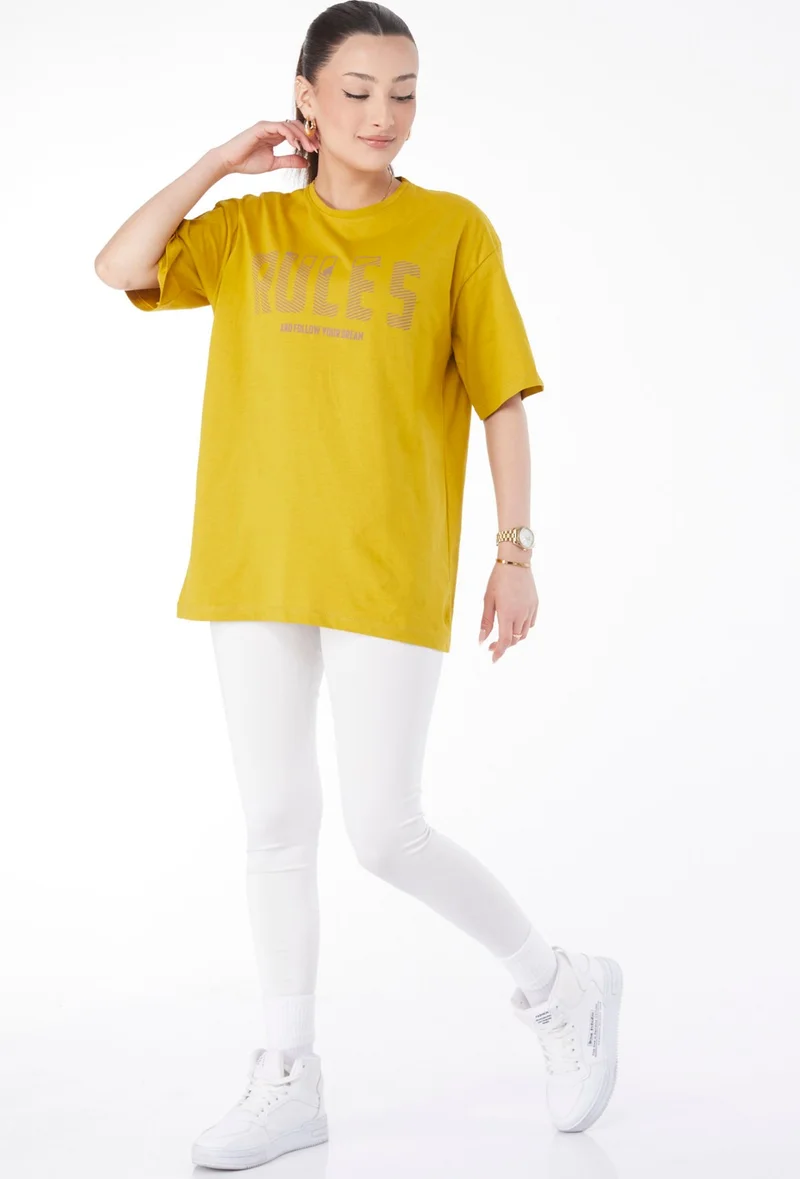 Tofisa 24631-Oil-Green Crew Neck Short Sleeve Printed T-Shirt