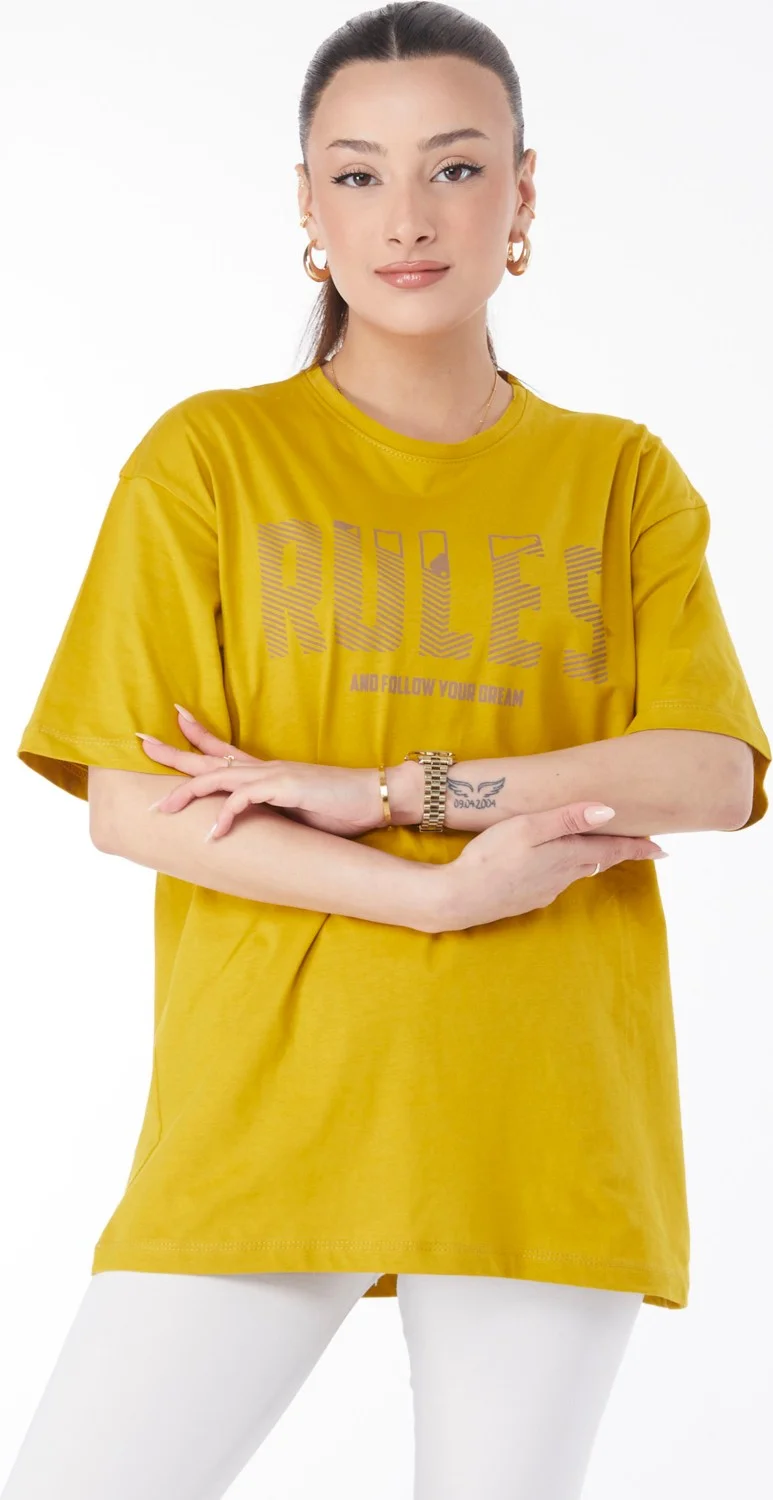 Tofisa 24631-Oil-Green Crew Neck Short Sleeve Printed T-Shirt