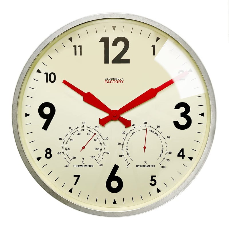Cloudnola Cloudnola Indoor Outdoor Waterproof Metal Wall Clock with Thermometer and Hygrometer Gray Zinc 18 inch Silent NonTicking Battery Operated Quality Quartz Round Clock for Patio and Home Decor 