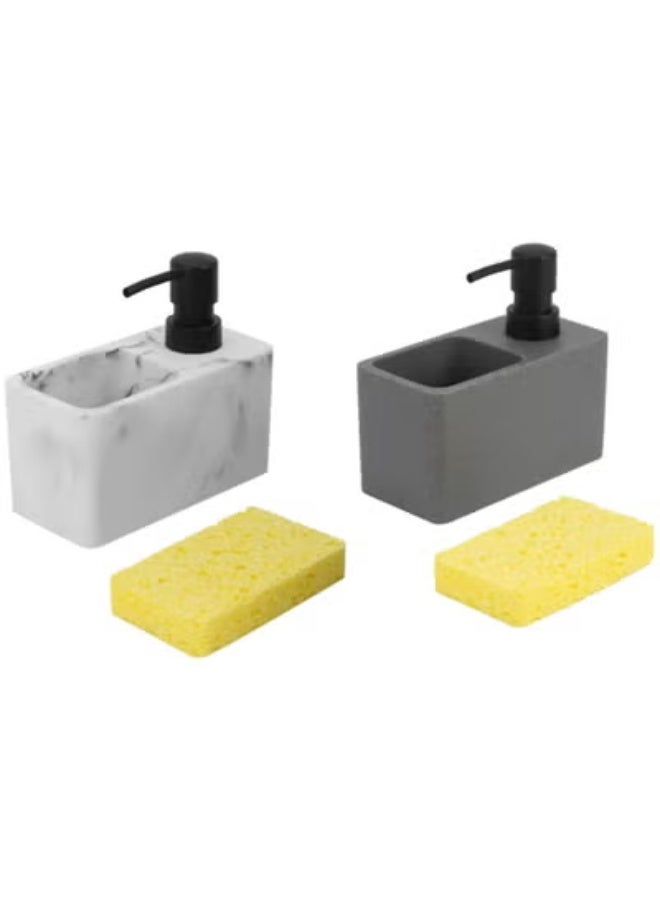 AROAQ Refillable Soap Dispenser, Stylish Marble Appearance With Practical Sponge Compartment, Including Dishwashing Sponge (Pack Of 2) - Image 1