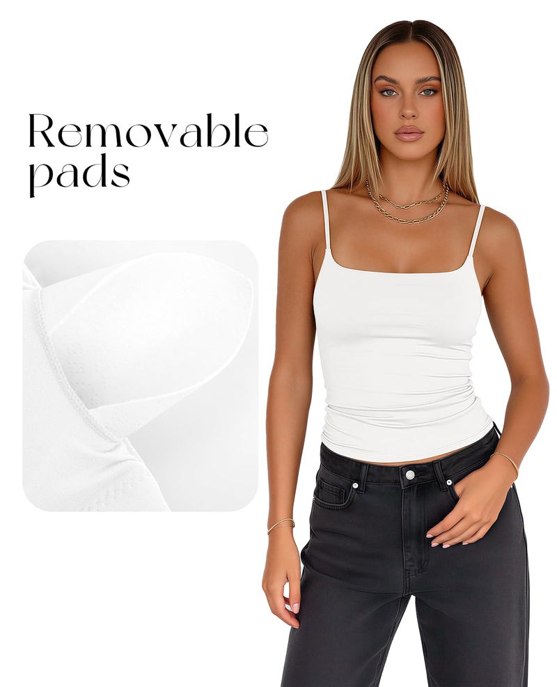 Darong Women Double Lined Square Neck Tank Top Adjustable Spaghetti Straps Basic Cami Shirt Built in Bra 9202 Off White S - Image 5