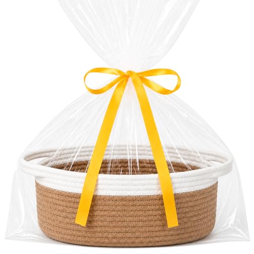ABenkle Small Basket Empty Gift Basket Decorative Boho Rope Woven Nursery Storage Organizer Dog Toy Baskets for Baby Showers Christmas Easter with Gift Bags and Ribbons 12X 8 X 5 - Image 1