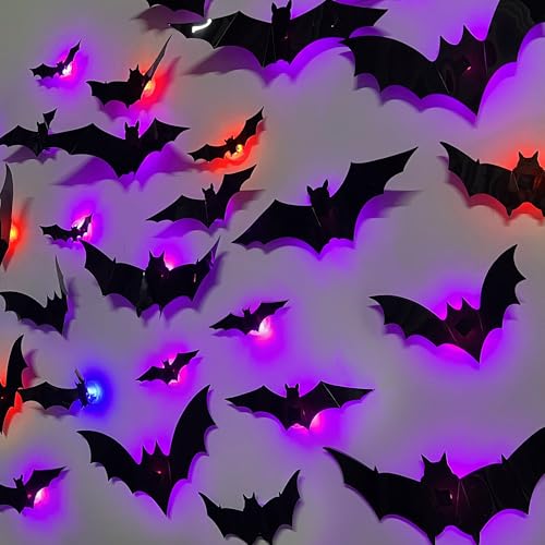 DR.DUDU 36 Pack Halloween Bats Wall Decor – Lighted 3D Bat Stickers Assorted Size for Halloween Party, Bedroom Window Decorations, Indoor and Outdoor Home Decals - Image 1