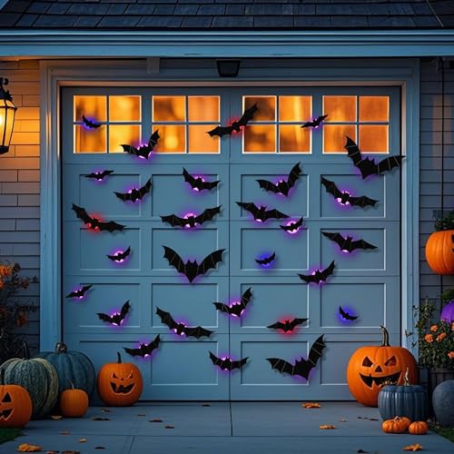 DR.DUDU 36 Pack Halloween Bats Wall Decor – Lighted 3D Bat Stickers Assorted Size for Halloween Party, Bedroom Window Decorations, Indoor and Outdoor Home Decals - Image 4