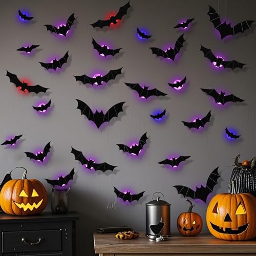DR.DUDU 36 Pack Halloween Bats Wall Decor – Lighted 3D Bat Stickers Assorted Size for Halloween Party, Bedroom Window Decorations, Indoor and Outdoor Home Decals - Image 2
