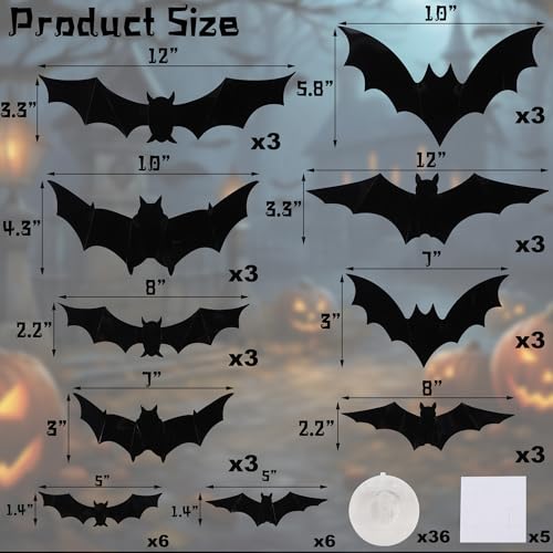 DR.DUDU 36 Pack Halloween Bats Wall Decor – Lighted 3D Bat Stickers Assorted Size for Halloween Party, Bedroom Window Decorations, Indoor and Outdoor Home Decals - Image 3
