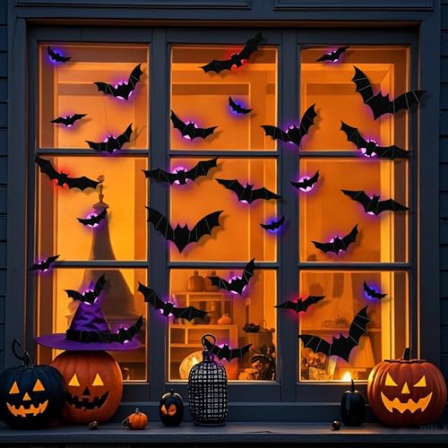 DR.DUDU 36 Pack Halloween Bats Wall Decor – Lighted 3D Bat Stickers Assorted Size for Halloween Party, Bedroom Window Decorations, Indoor and Outdoor Home Decals - Image 5