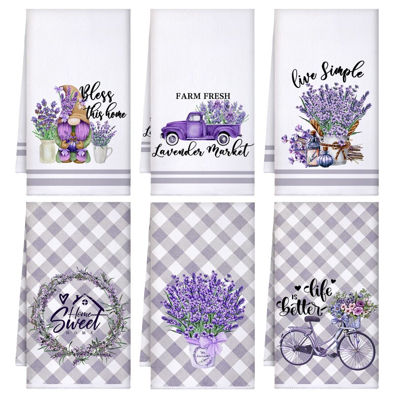 Boyiee Set of 6 Lavender Kitchen Towels Spring Purple Floral Dishtowels Rustic Absorbent Purple Hand Towels 24 x 16 Inches Lavender Lover Gifts for Farmhouse Kitchen Bathroom Accessories Decorations