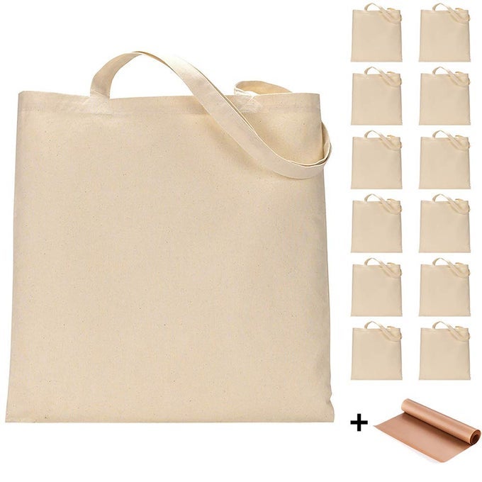 12 PACK BLANK CANVAS TOTE BAGS BULK REUSABLE SHOPPING GROCERY BAG FOR CRAFTS WITH A PTFE TEFLON SHEET DIY