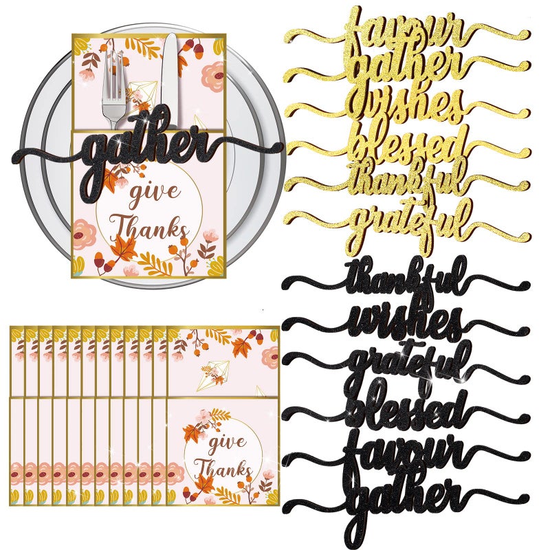 24 Set Thanksgiving Wood Cutout Sign  12 Blessed Grateful Gather Signs Place Cards Rustic Dining Table Setting Decor With 12 Cutlery Napkins Holder for Turkey Utensil