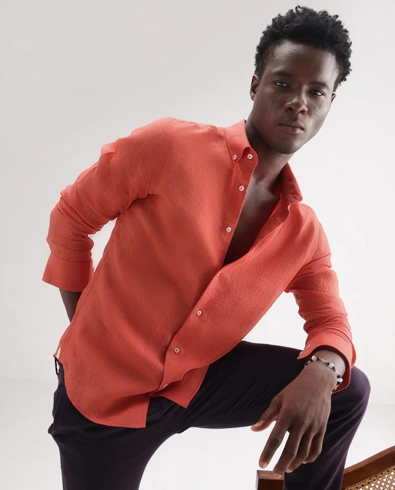 Rare Rabbit Men's Classic 100% Linen Plain Shirt