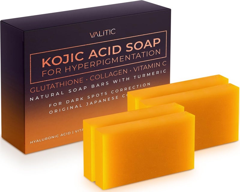 VALITIC Kojic Acid Soap for Hyperpigmentation  with Glutathione Collagen  Vitamin C  Natural Soap Bars with Turmeric  Original Japanese Complex for Dark Spot Correction  4 Pack