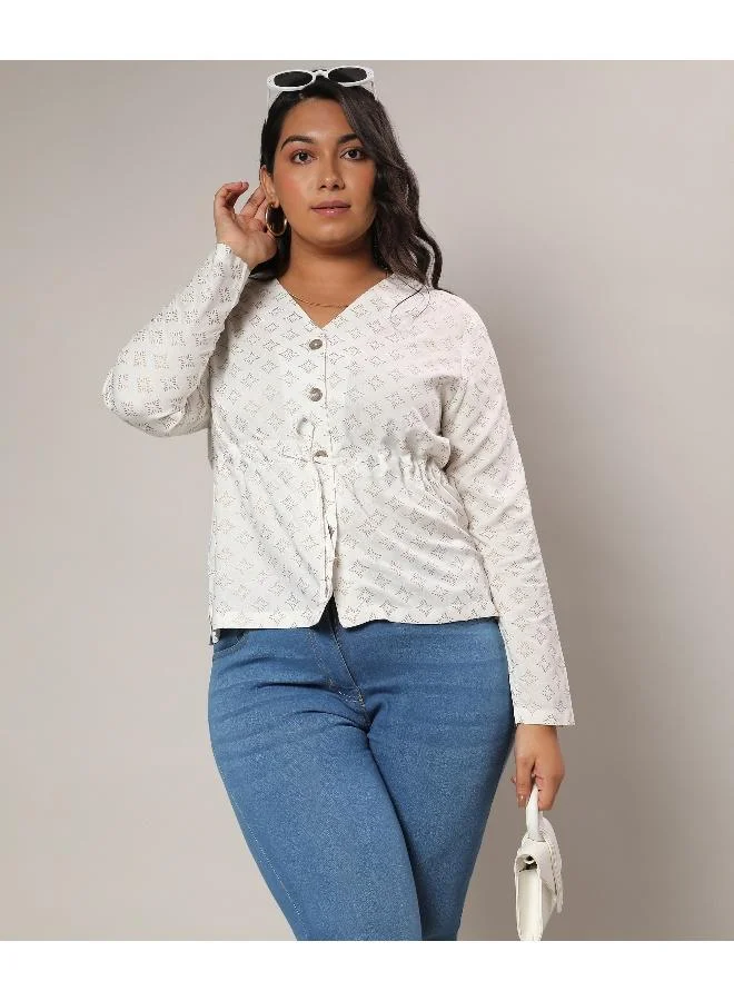 Instafab Plus Women's Ivory White Geometric Printed Top