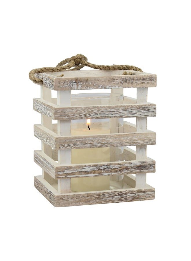 Stonebriar Coastal Wood and Rope Candle Lantern, SMALL, Worn White - Image 1