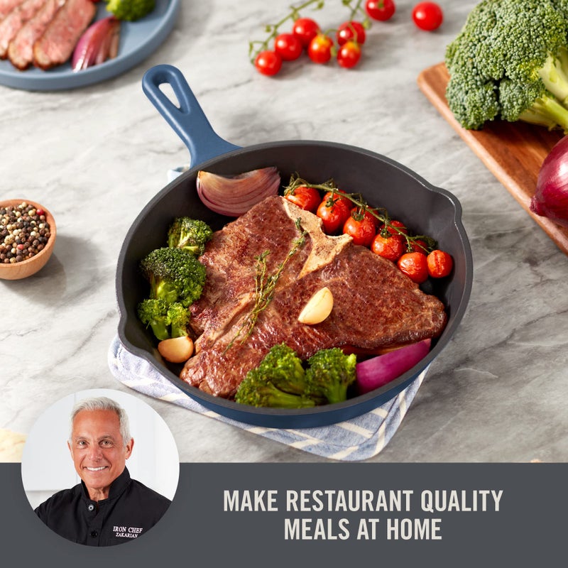 Dash Zakarian by Dash 9.5 Inch Small Nonstick Cast Iron Skillet, Titanium Ceramic Coated Frying Pan, Blue - Image 2