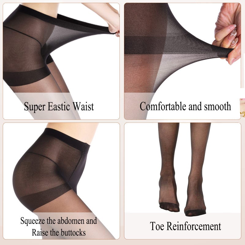 WAKUNA 3 Pairs Sheer Tights For Women20D Pantyhose Control Top Invisible Reinforced Toes Black-Medium - Image 2