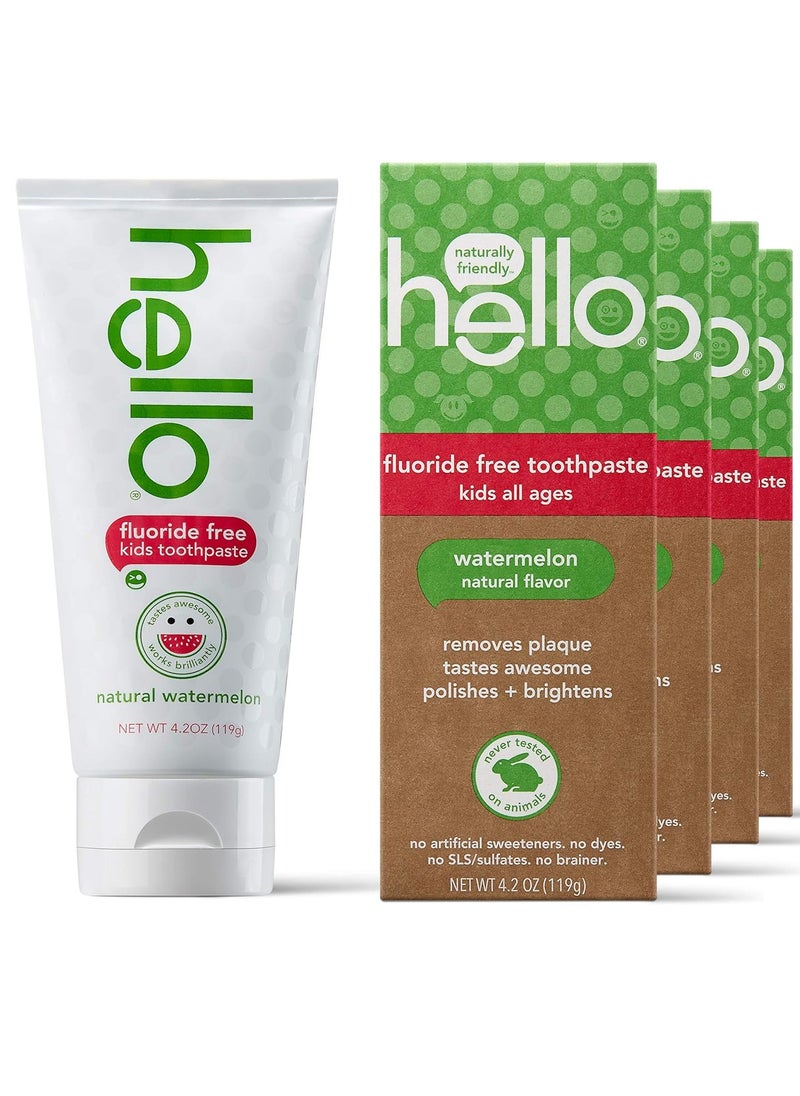 Hello Hello Natural Watermelon Flavor Kids Fluoride Free Toothpaste, Vegan, SLS Free, Gluten Free, Safe to Swallow for Baby and Toddlers, 4.2 Ounce (Pack of 4)  - Image 1