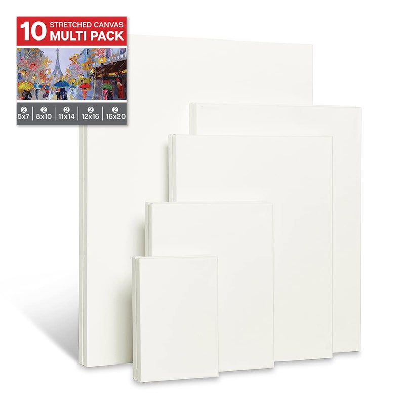 KINGART White 10 Pc. Multi-Pack Stretched Artist Canvas, Gesso Primed - 100% Cotton Rectangular Canvases, Art Supplies for Oil and Acrylic Painting, 2 Ea: 5x7, 8x10, 11x14, 12x16, 16x20 in.