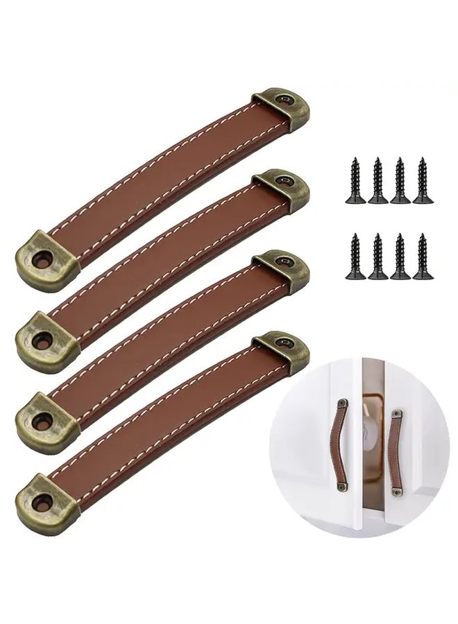 Set of 4 Vintage Cabinet Handles Heavy Duty Leather Pulls Antique Brass - Image 1