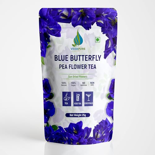 VEDAPURE Blue Butterfly Pea Sun Dried Flower Tea (25 G) - Pack of 1, Caffeine Free Blue Pea Tea for Glowing Skin & Sleep Support, Helps in Stress Relief, Steep as Hot Or Iced Makes 50 Cups - Image 1