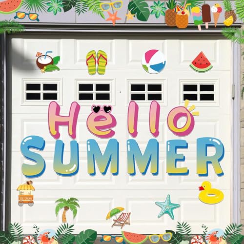 Ferraycle 20 Pcs Large Hello Summer Garage Door Magnets Summer Garage Door Decorations Magnets Car Beach Magnetic Decorations Palm Tree Magnetic Stickers for Car Refrigerator Fresh