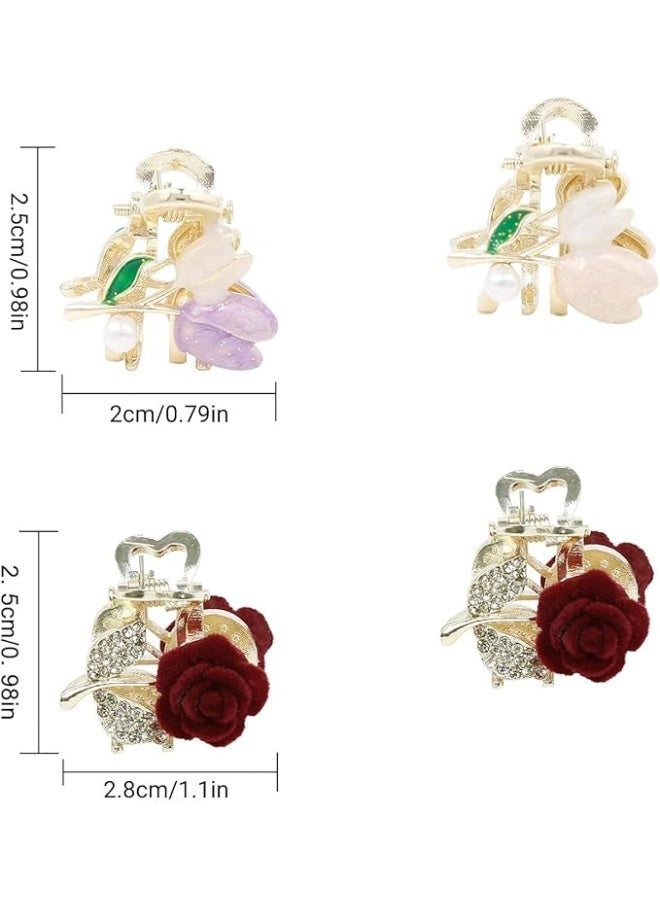 Mini Flower Hair Clips for Women Girls, 4 Pcs Small Metal Hair Clips, Rose Tulip Hair Barrettes, Sparkly Rhinestones Pearl Hair Accessories, Cute Tiny Flower Hair Claw Clips - Image 2