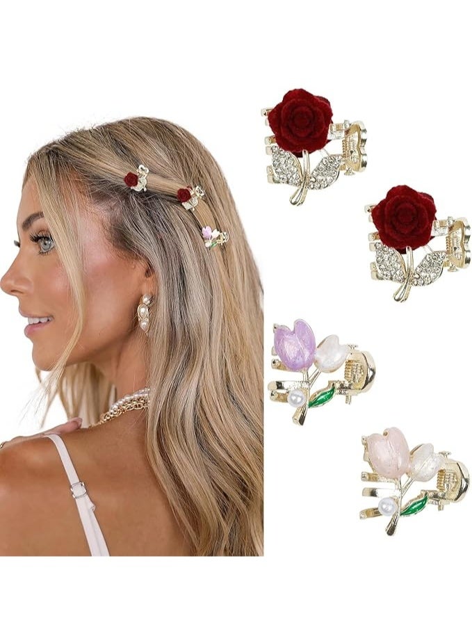 Mini Flower Hair Clips for Women Girls, 4 Pcs Small Metal Hair Clips, Rose Tulip Hair Barrettes, Sparkly Rhinestones Pearl Hair Accessories, Cute Tiny Flower Hair Claw Clips - Image 1